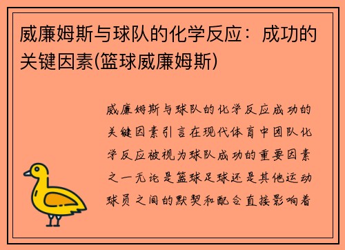 威廉姆斯与球队的化学反应：成功的关键因素(篮球威廉姆斯)