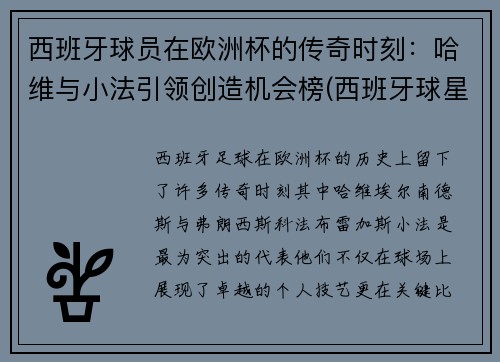 西班牙球员在欧洲杯的传奇时刻：哈维与小法引领创造机会榜(西班牙球星欧洲杯)