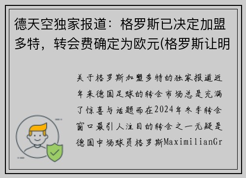 德天空独家报道：格罗斯已决定加盟多特，转会费确定为欧元(格罗斯让明年)