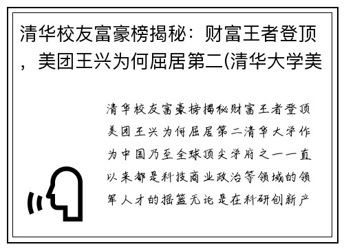 清华校友富豪榜揭秘：财富王者登顶，美团王兴为何屈居第二(清华大学美团)