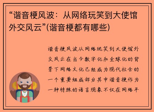 “谐音梗风波：从网络玩笑到大使馆外交风云”(谐音梗都有哪些)