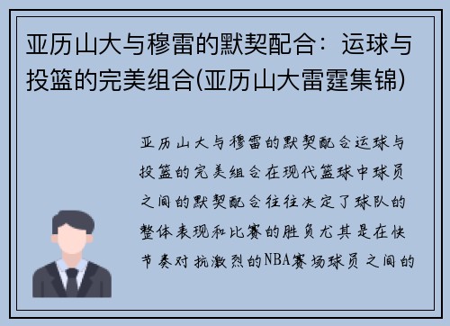 亚历山大与穆雷的默契配合：运球与投篮的完美组合(亚历山大雷霆集锦)