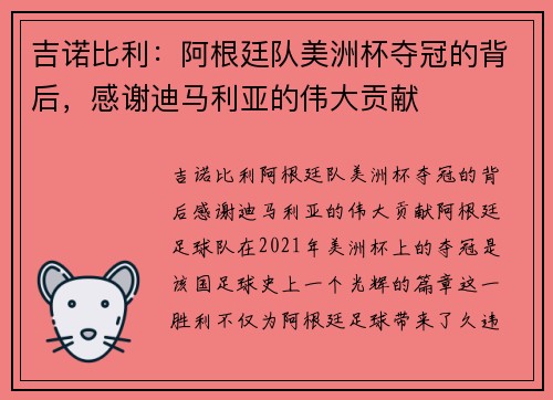 吉诺比利：阿根廷队美洲杯夺冠的背后，感谢迪马利亚的伟大贡献