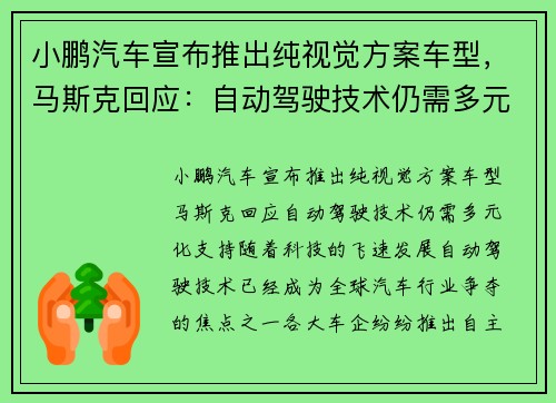 小鹏汽车宣布推出纯视觉方案车型，马斯克回应：自动驾驶技术仍需多元化支持