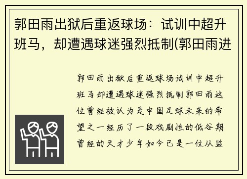 郭田雨出狱后重返球场：试训中超升班马，却遭遇球迷强烈抵制(郭田雨进球视频)